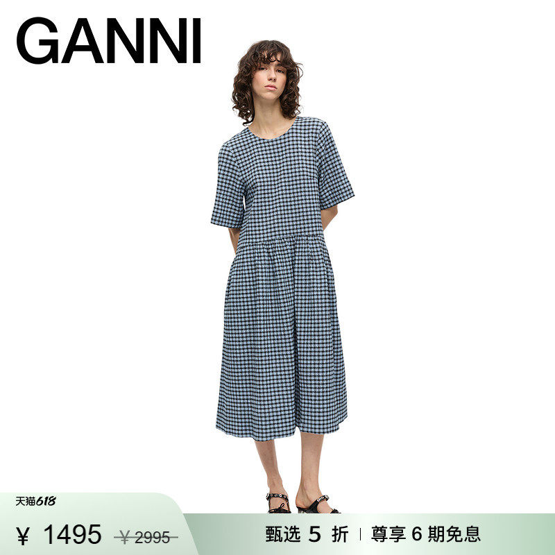 【甄选折扣】GANNI女装 蓝色复古格纹泡泡纱连衣裙长裙 W0696326