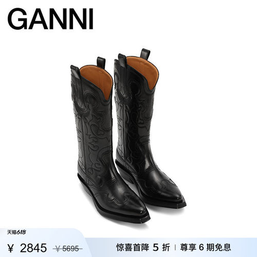 新品中筒刺绣西部靴GANNI