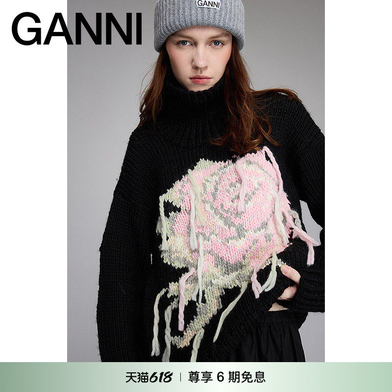 GANNI女装 黑色玫瑰图案高领毛衣针织衫 K2321099