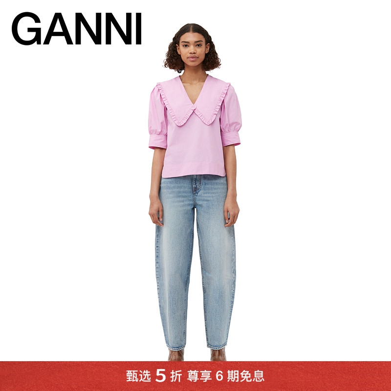 【甄选折扣】GANNI女装 粉色娃娃领泡泡袖棉府绸衬衫 F8636761