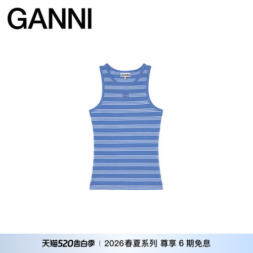 【春夏新款】GANNI女装 修身无袖T恤蓝色条纹背心 A1040452ZWF