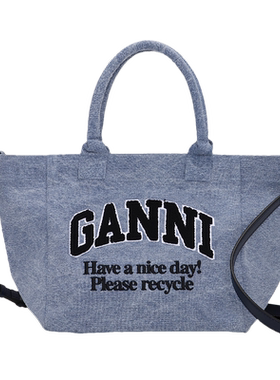 【甄选折扣】GANNI女包 淡蓝色做旧logo款帆布包斜挎包 A5973565