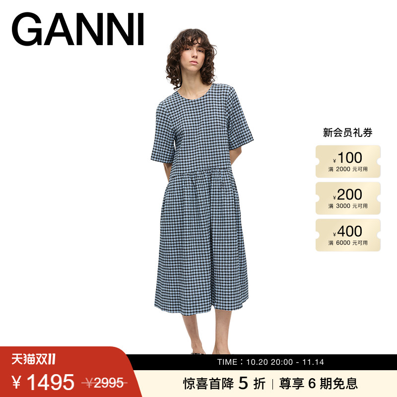 【惊喜首降】ganni女装 蓝色复古格纹泡泡纱连衣裙长裙 W0696326