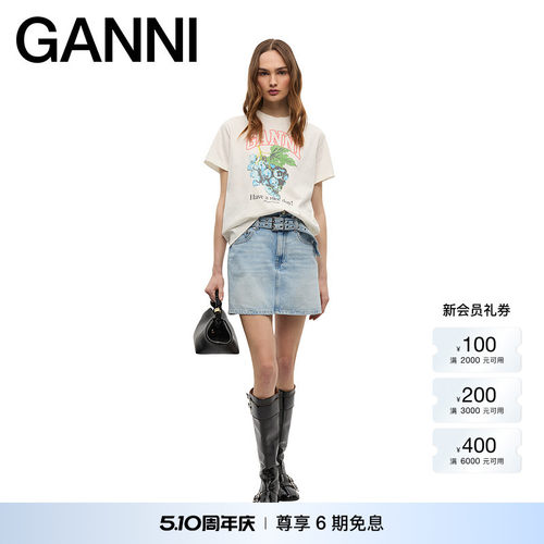 GANNI女装 白鹭色葡萄印花宽松休闲短袖T恤圆领上衣 T4230135