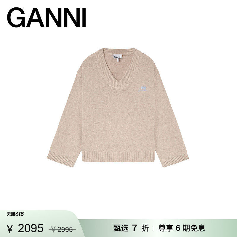 【甄选折扣】GANNI女装 经典法式优雅V领针织衫长袖毛衣 K2591934