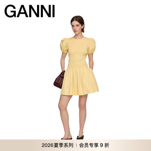 【夏季新款】GANNI女装 明媚浅黄度假风泡泡袖连衣裙 A103062200K