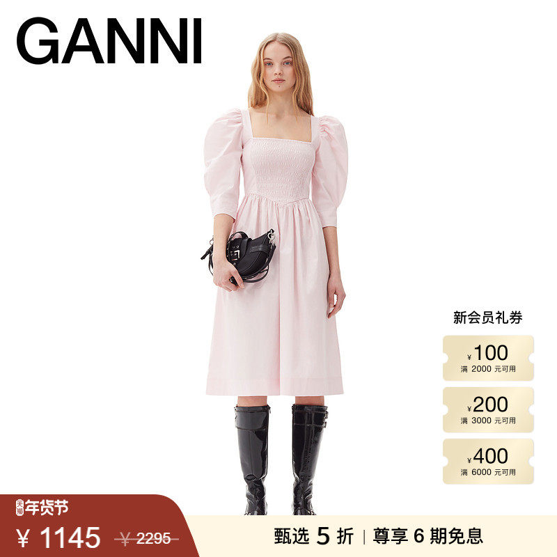 【甄选折扣】GANNI女装 粉色方领棉府绸泡泡袖连衣裙 F9691868,女装/女士精品,连衣裙,淘宝优惠券,粉丝福利购,淘宝优惠卷