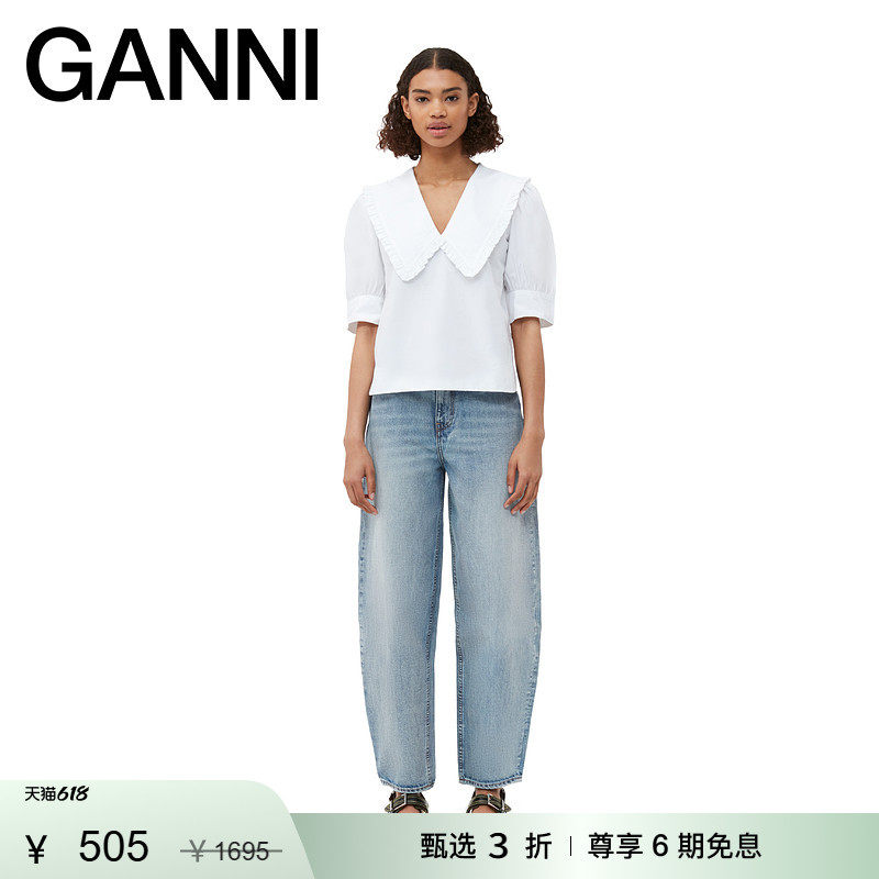 【甄选折扣】GANNI女装 白色娃娃领泡泡袖棉府绸上衣春季款衬衫