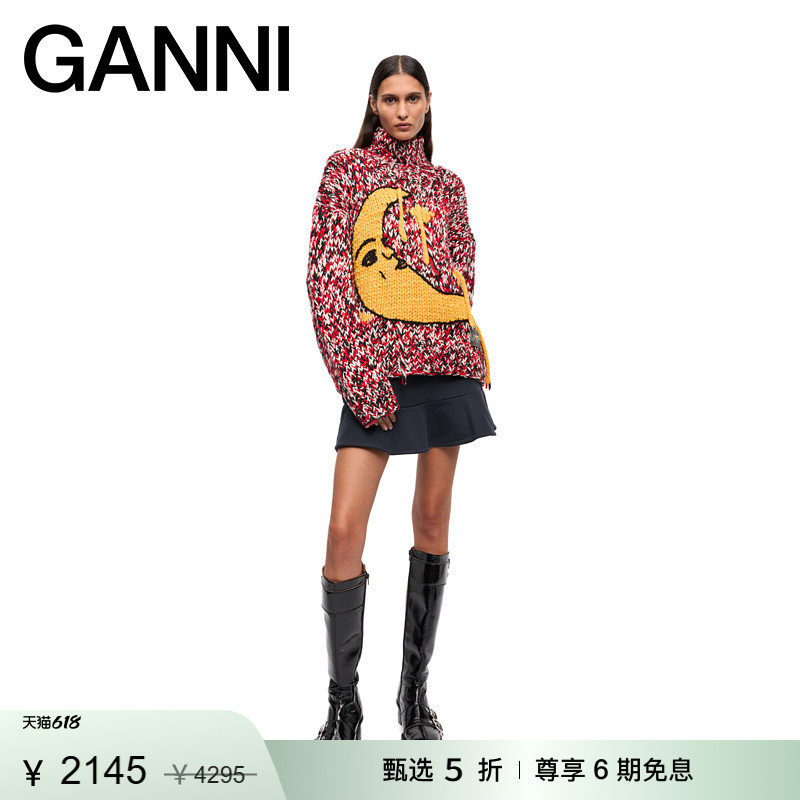 【惊喜首降】GANNI女装 赛车红月亮图案高领毛衣针织衫  K2469474