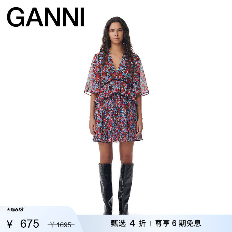 【甄选折扣】GANNI女装 V领红色法式优雅碎花连衣裙短裙 F9159472