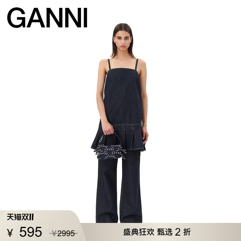 【甄选折扣】GANNI女装 吊带百搭连衣裙秋荷叶边牛仔裙 J1622077