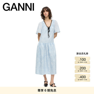 优雅气质缩褶系带仙女连衣裙长裙 W0467326 蓝色法式 GANNI女装