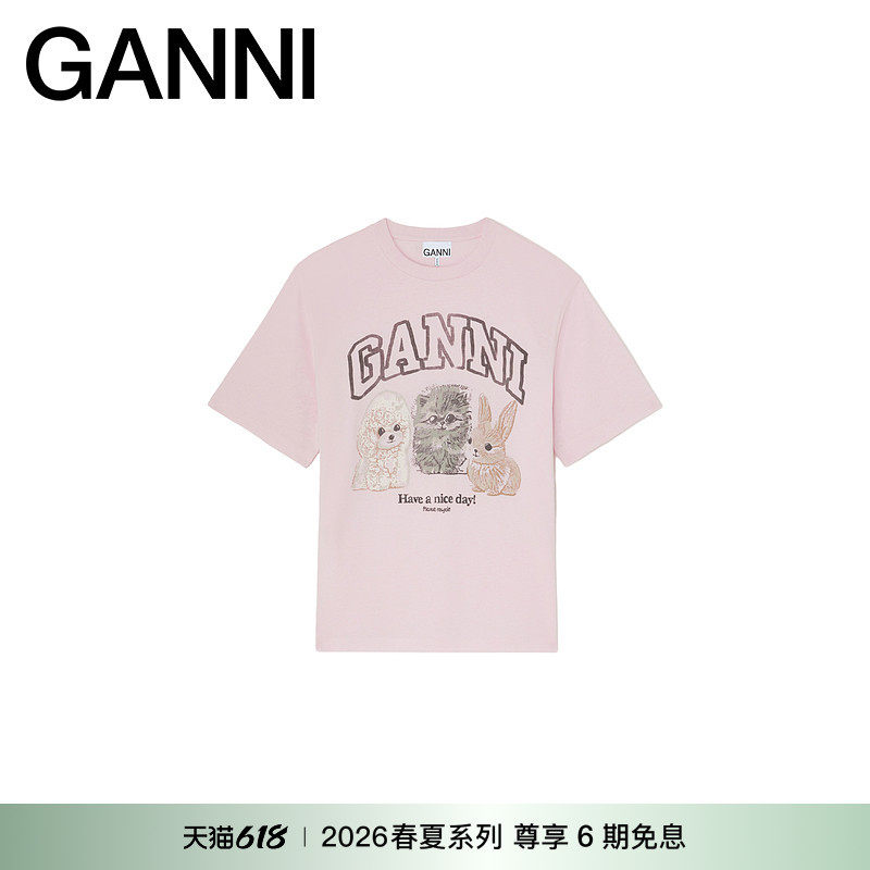 【春夏新款】GANNI女装 甜美粉动物高端纯棉短袖t恤 A1050296868