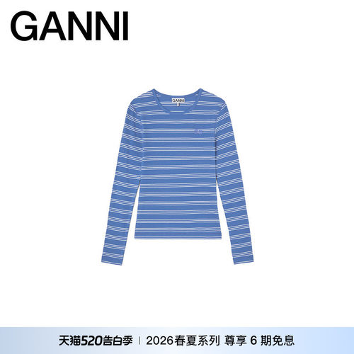 【春夏新款】GANNI女装 蓝色条纹款法式修身长袖T恤 A1040453ZWF