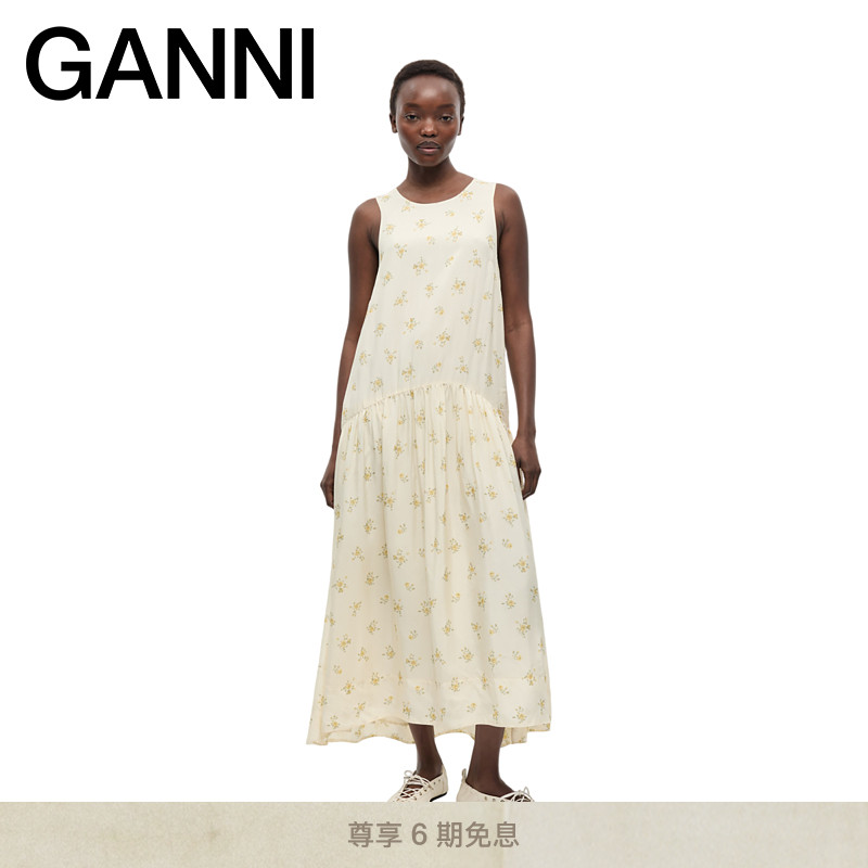 【春夏新品】GANNI女装 米白色法式浪漫碎花连衣裙长裙 W0694277