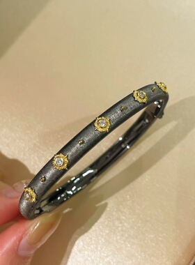 纯手工拉丝 925银八芒星宽版手镯金银拼色织纹雕金工艺手环