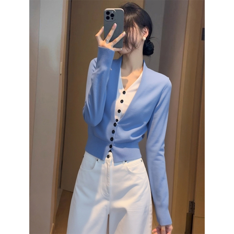 蓝白拼接V领假两件针织开衫女