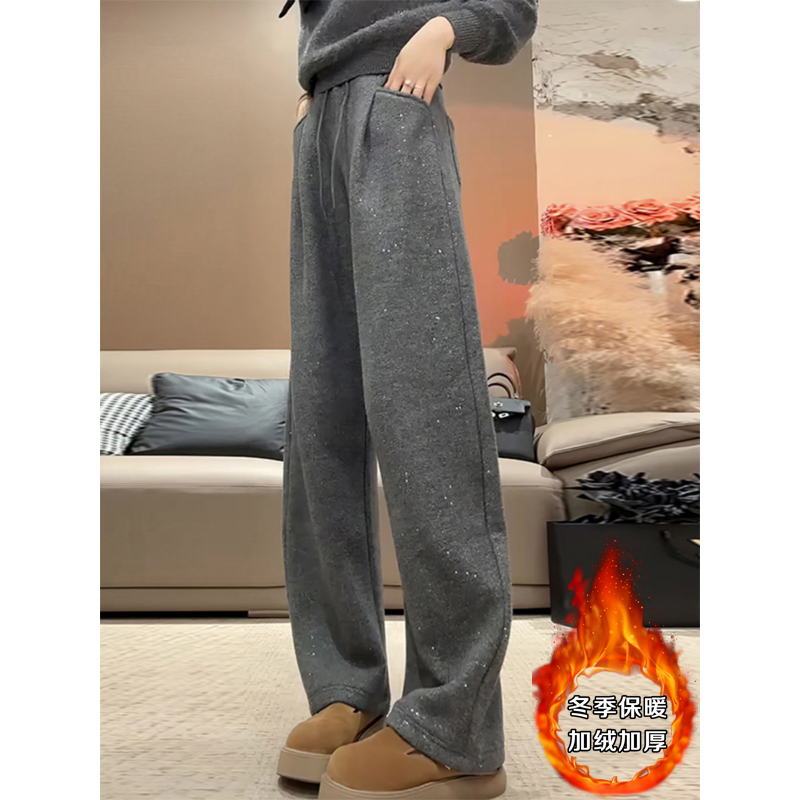 韩版复古加绒加厚直筒阔腿裤