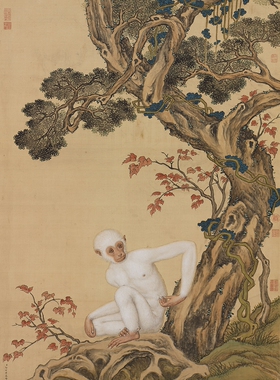 清郎世寧畫白猿图国画古画复制品绢布画心中式装饰画