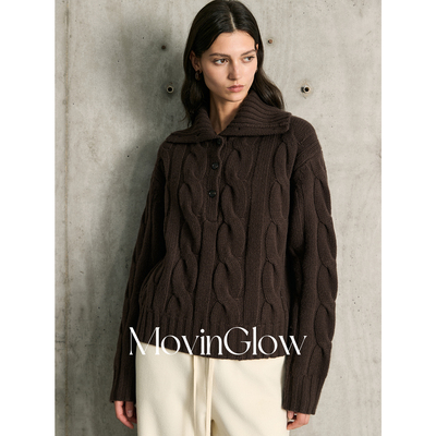 MovinGlow｜悉尼旧约 全羊毛复古麻花粗针绞花 多穿领套头毛衣