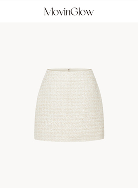 MovinGlow｜巴黎艺展 含羊毛立体绒花编织粗花呢 A字包臀香风短裙