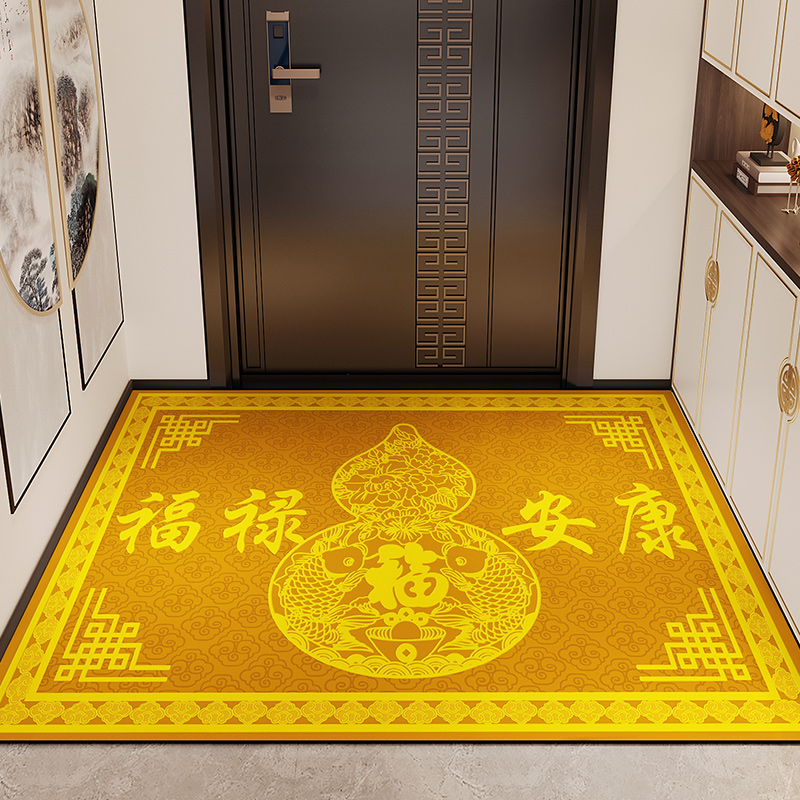 中式金黄色风水入户门地垫硅藻泥