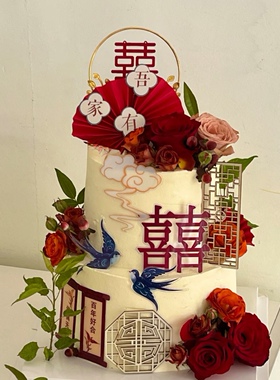 2026网红双层新中式订婚结婚假蛋糕吾家有喜仿真蛋糕模型橱窗展示
