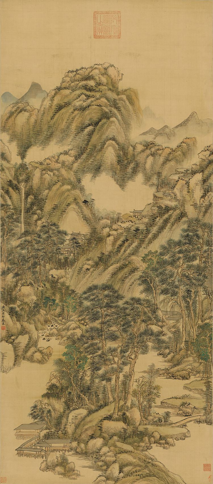 清王原祁晴山叠翠图国画山水画仿古画艺术微喷复制画绢画