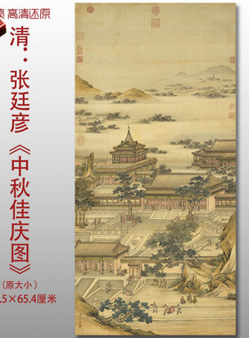 清代张廷彦中秋佳庆图宫庭楼阁山