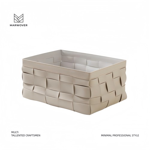 Marwover欧式现代简约大号皮质编织收纳筐米白色样板间储物篮子