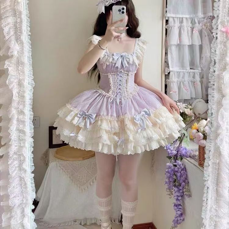 蓝绿紫色心动玩法小芙蝶洛丽塔风格芭蕾风原创蛋糕裙Lolita