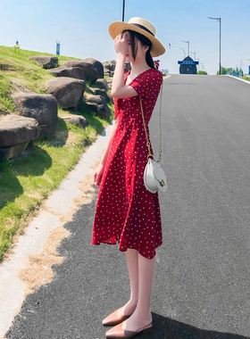 2021夏季新款中m长款红色波点雪纺连衣裙女气质法式V领修身长裙子