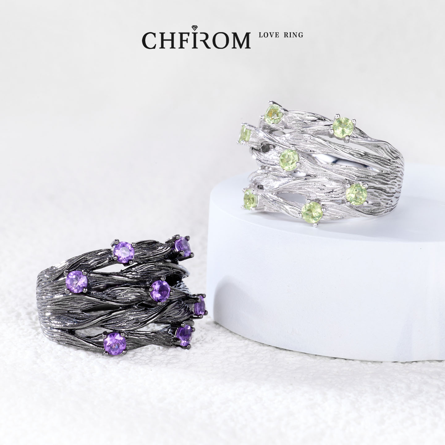 银镀18k黑金天然紫水晶戒指 S925纯银天然橄榄石指环小众个性女戒