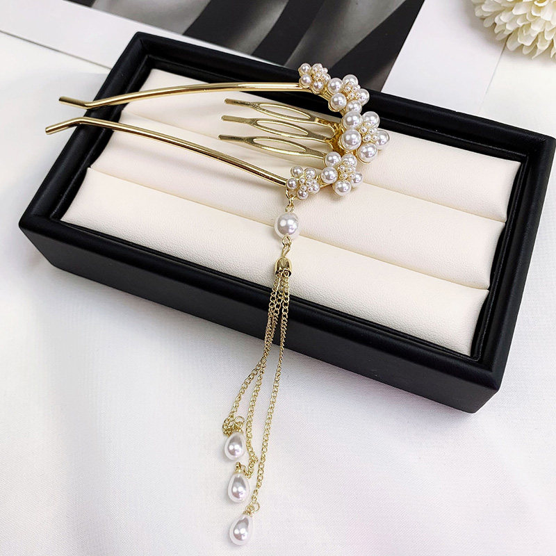 复古风珍珠发饰五珠花流苏发簪头饰发饰发钗盘发神器u形发夹发梳