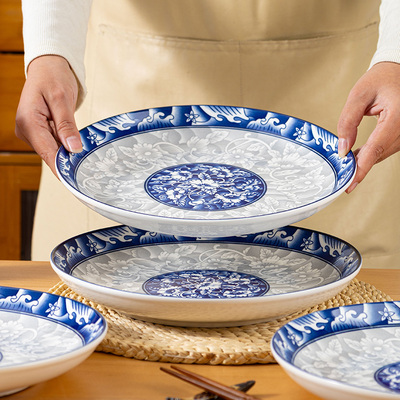 青花家用陶瓷10英寸饭盘圆盘餐具菜盘鱼盘釉下彩加厚耐磨耐高温