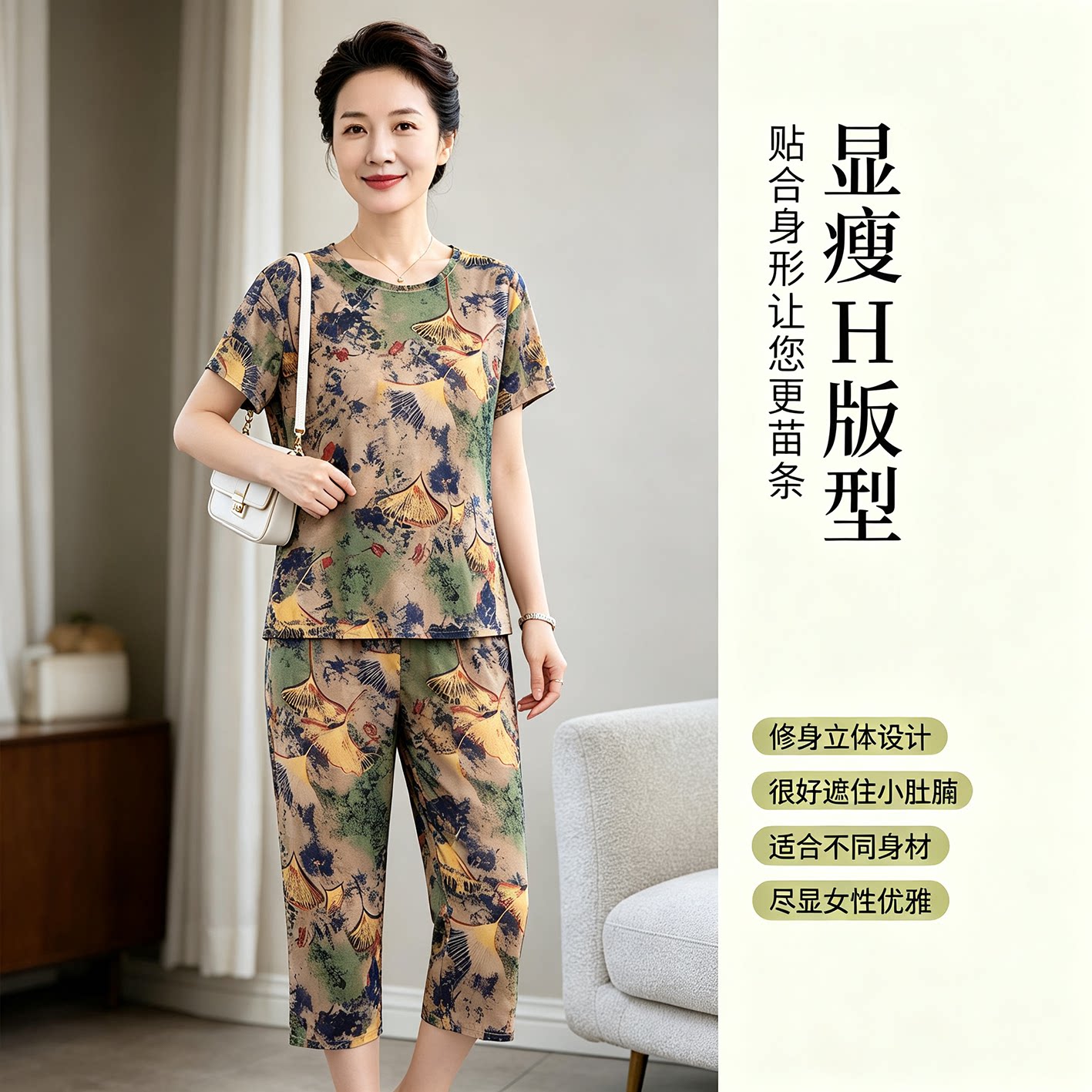 冰丝薄款大码印花妈妈装短袖套装