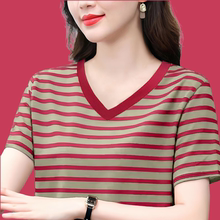 夏装短袖宽松遮肚女士纯棉条纹T恤中老年妈妈款洋气高贵气质上衣