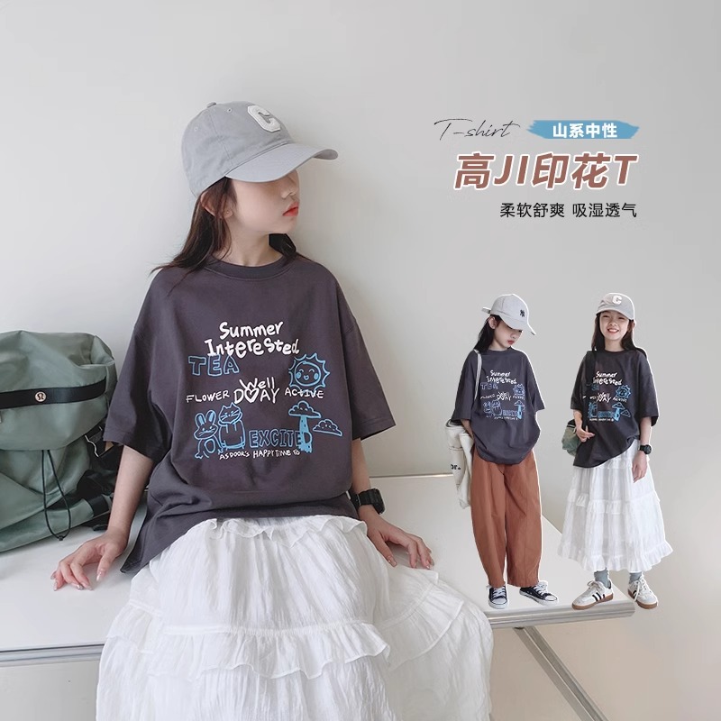 2025新款童装女童短袖T恤纯棉包边包条夏季中大童半袖印花上衣ins
