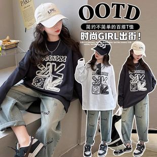 女童长袖T恤春季新款时尚韩版宽松体恤女孩外穿休闲打底衫中大童