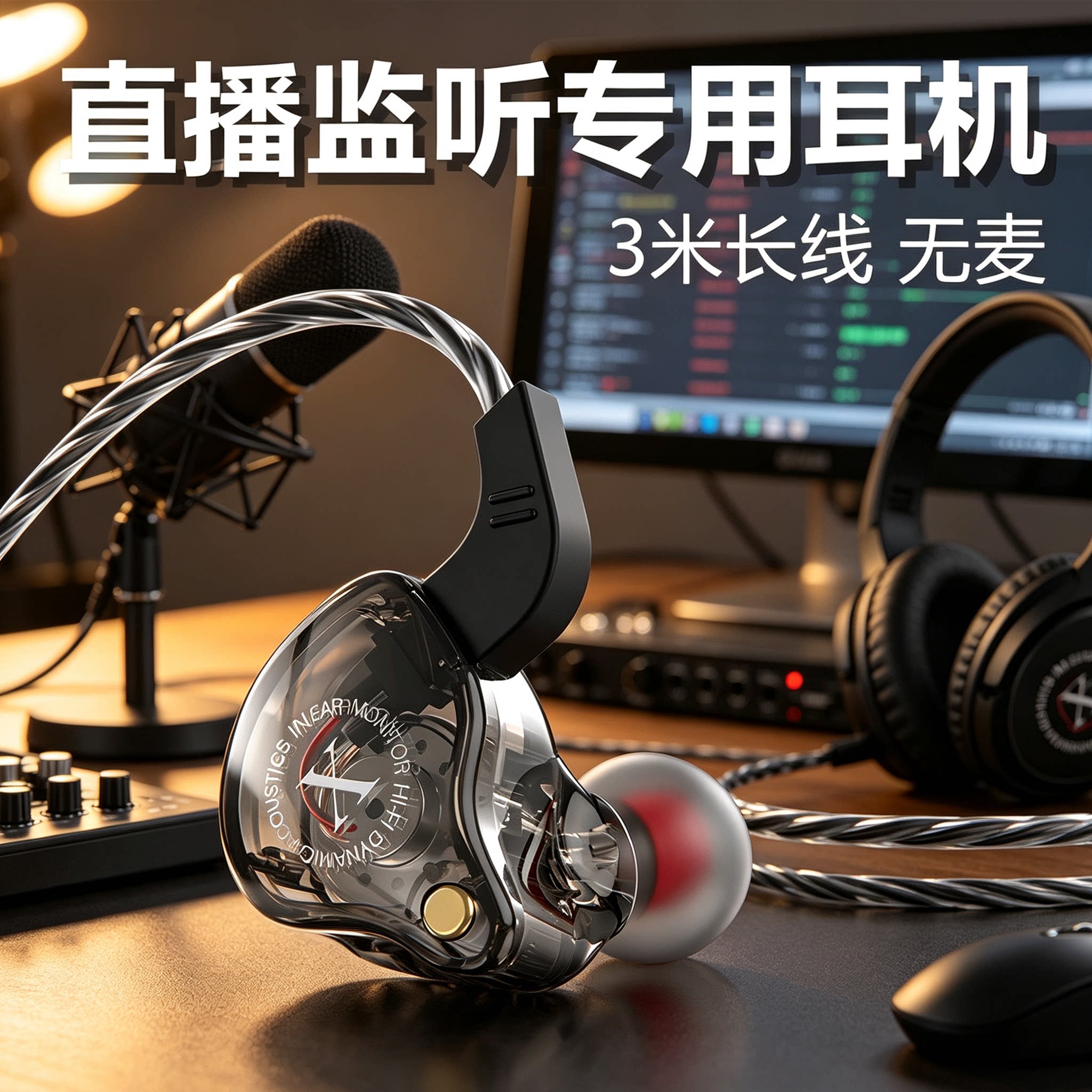 直播监听入耳耳机3米长线无麦主播声卡K歌录音舞台返听专用耳返