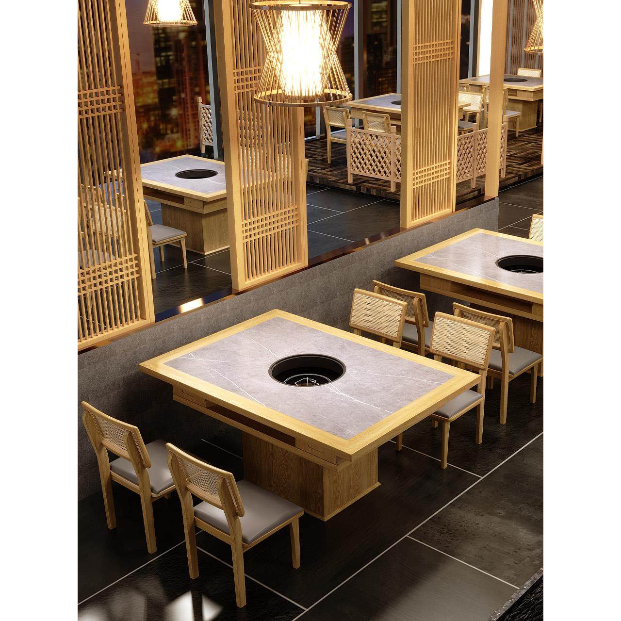 商用岩板火锅桌电磁炉一体实木大理石串串下沉式海底捞火锅店桌子