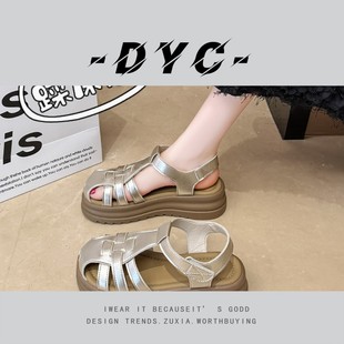 女2025新款 镂空厚底沙滩凉鞋 包头罗马凉鞋 夏季 编织猪笼鞋 34到41码