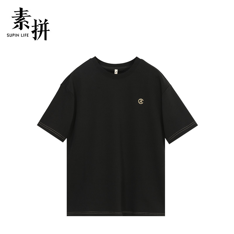 素拼男装春秋新款短袖体恤男士休闲圆领简约纯色t恤半截袖宽松款