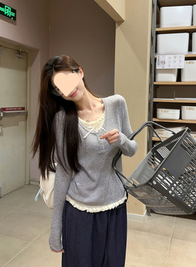 小香风假两件正肩长袖恤女装秋季小个子设计感小众显瘦百搭上衣