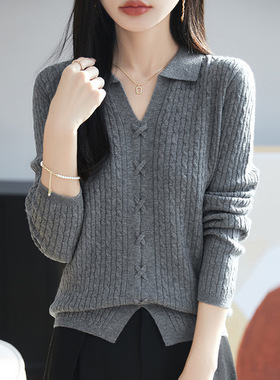 复古翻领v领纯色扭花纯色针织衫女2025秋季新款套头修身长袖上衣