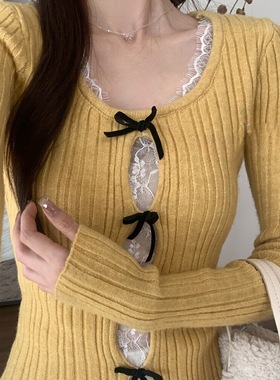 纯欲辣妹镂空拼接蕾丝针织衫2025冬季新款修身显瘦短款长袖上衣女