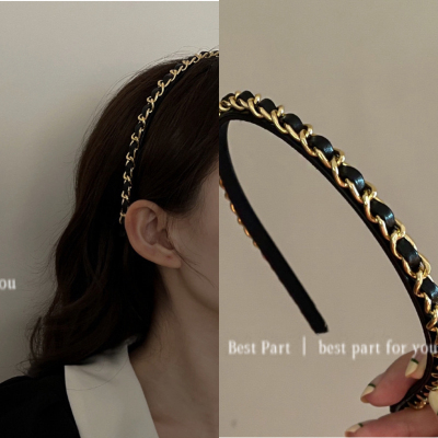 黑色小香风精致链条细边发箍网红百搭压发外出头饰发卡头箍女韩国
