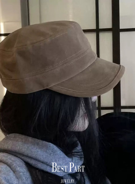 博主同款复古深棕麂皮绒平顶马术帽子高端时尚洋气骑士帽报童帽～