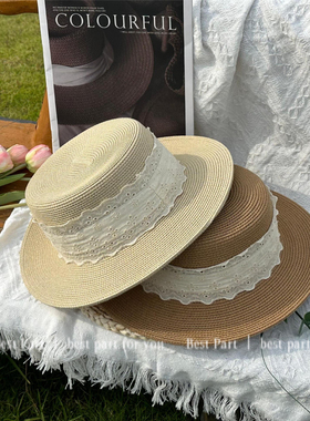 bestpart蕾丝编织草帽女夏季法式赫本风平顶草编帽子度假风防晒帽