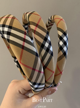 经典复古格纹海绵发箍法式优雅秋冬女百搭外出宽边头箍韩国甜美